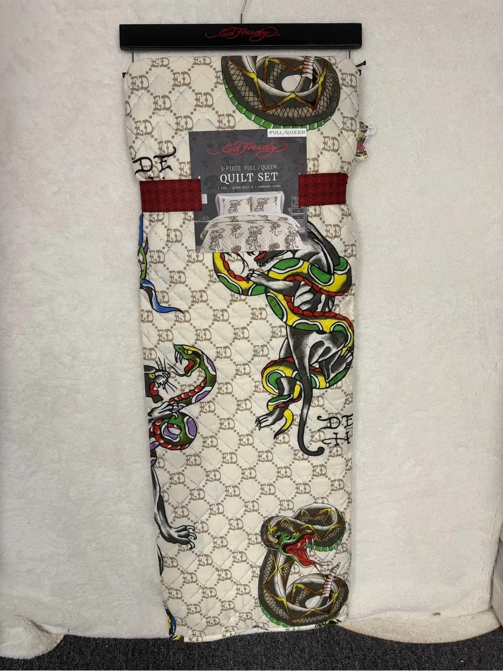 Ed Hardy Full / Queen Quilt Shams Set Bedding Panther Snake Accents ED Print NWT